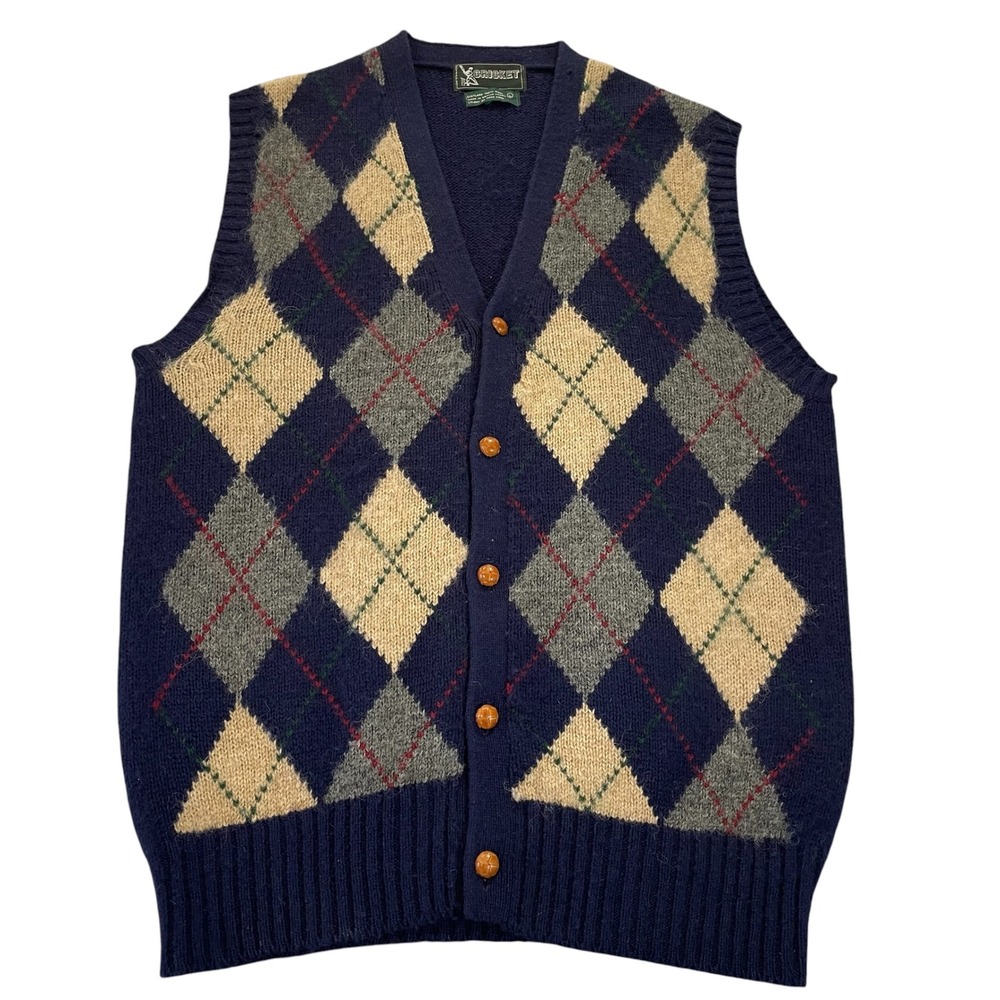 Vintage Cricket Shetland Wool Argyle Sweater Vest Navy Blue Mens L Hong Kong 80s